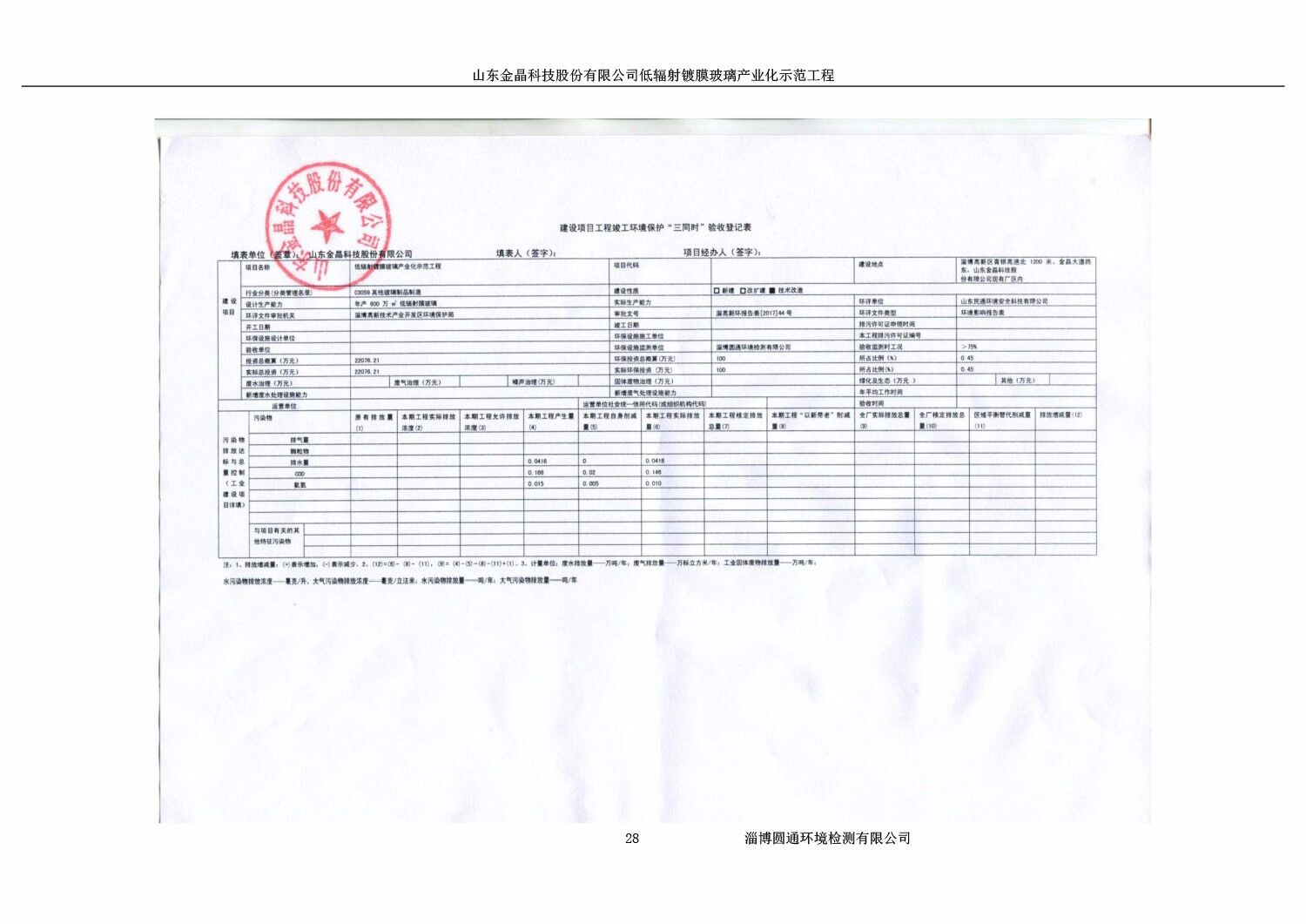 山东体育333科技股份有限公司低辐射镀膜玻璃环保验收报告